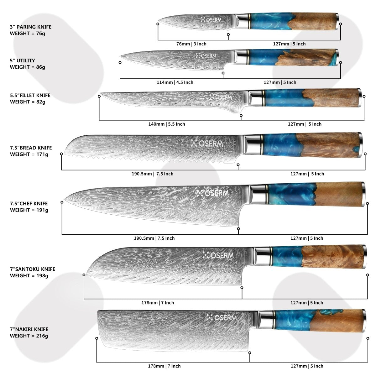 OSERM “Aokiri 青霧” Damascus Knife Set – 7 - Piece Premium Gift Box