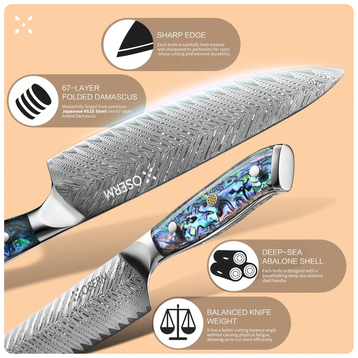OSERM “Kōga 光霞” Japanese Damascus Knife Set – 5 - Piece VG10 Gift Collection