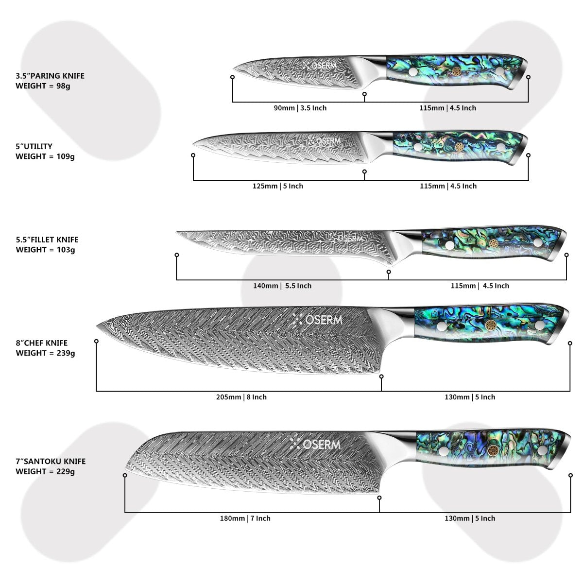 OSERM “Kōga 光霞” Japanese Damascus Knife Set – 5 - Piece VG10 Gift Collection