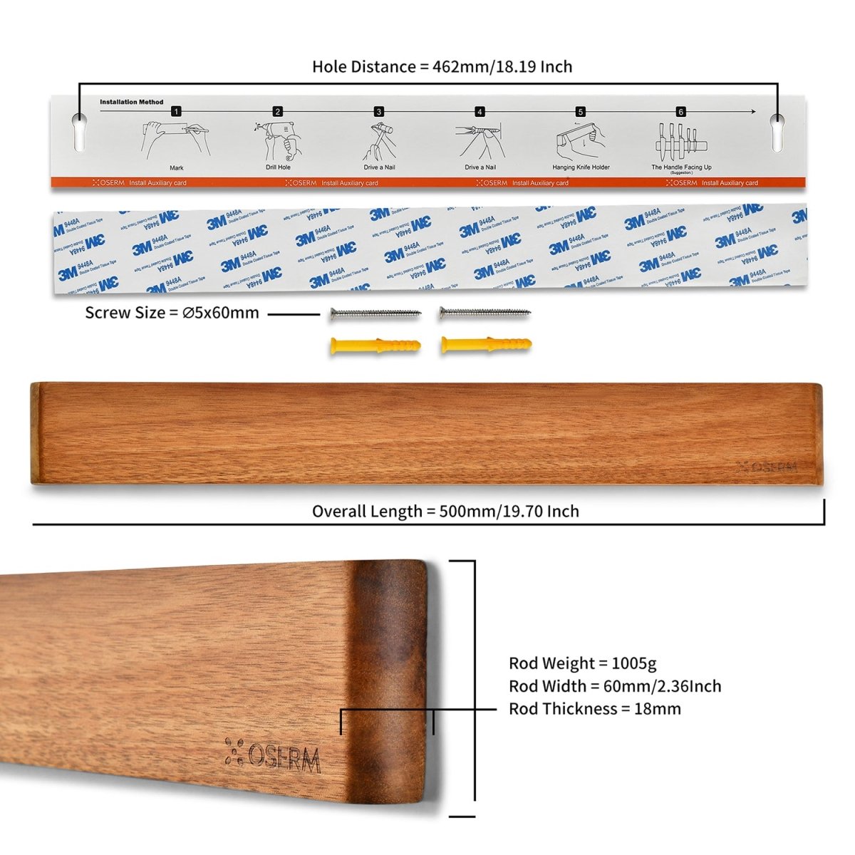 OSERM Premium Acacia Wood Magnetic Knife Strip β 19.7'' (50 cm) Wooden Wall - Mounted Holder
