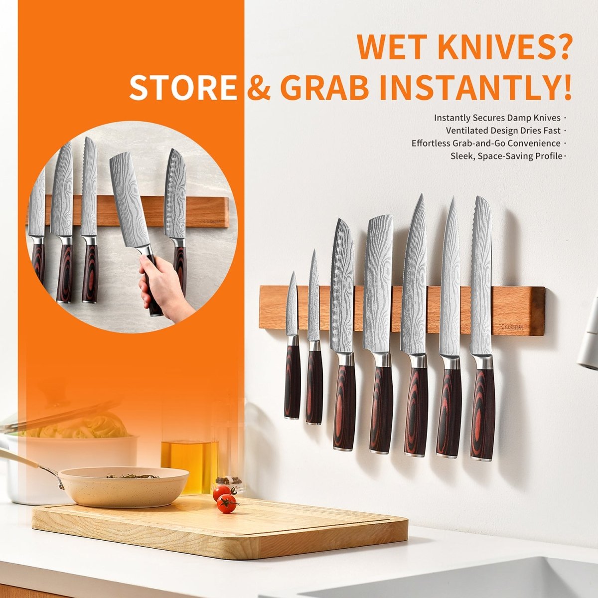 OSERM Premium Acacia Wood Magnetic Knife Strip β 19.7'' (50 cm) Wooden Wall - Mounted Holder