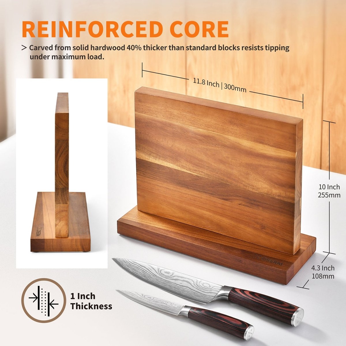 OSERM Premium Acacia WoodMagnetic Knife Block – Dual - Sided Wooden Knife Holder for up to 14 Knives