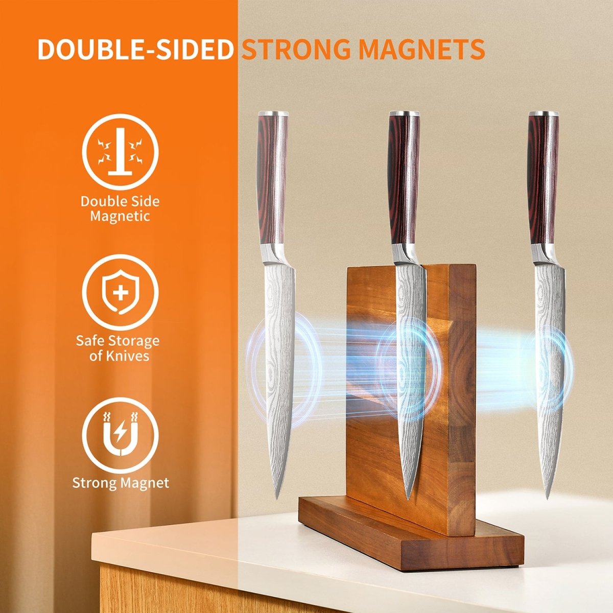 OSERM Premium Acacia WoodMagnetic Knife Block – Dual - Sided Wooden Knife Holder for up to 14 Knives