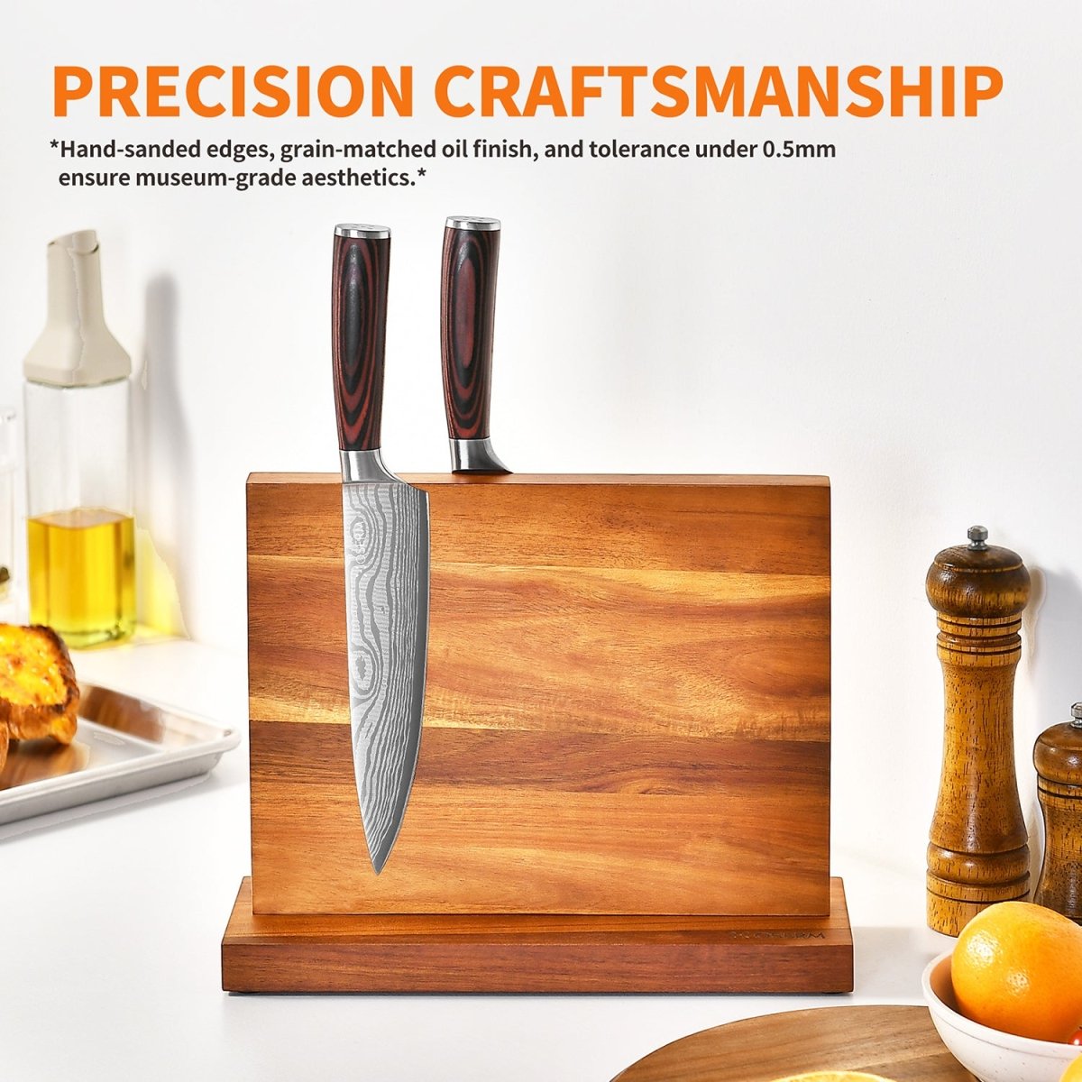 OSERM Premium Acacia WoodMagnetic Knife Block – Dual - Sided Wooden Knife Holder for up to 14 Knives