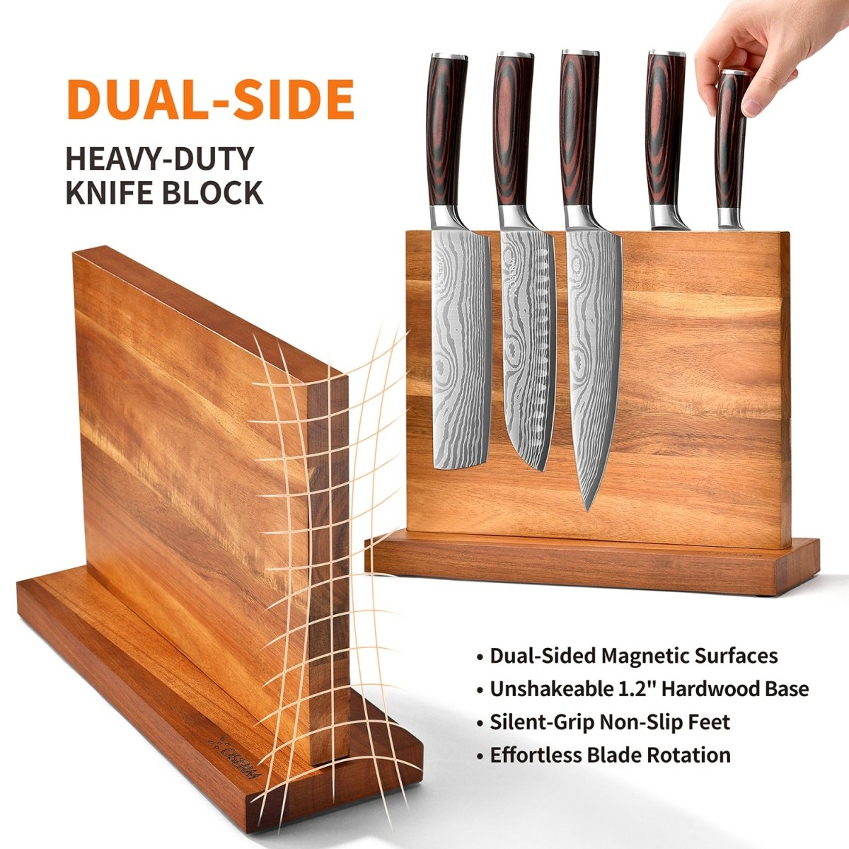 OSERM Premium Acacia WoodMagnetic Knife Block – Dual - Sided Wooden Knife Holder for up to 14 Knives