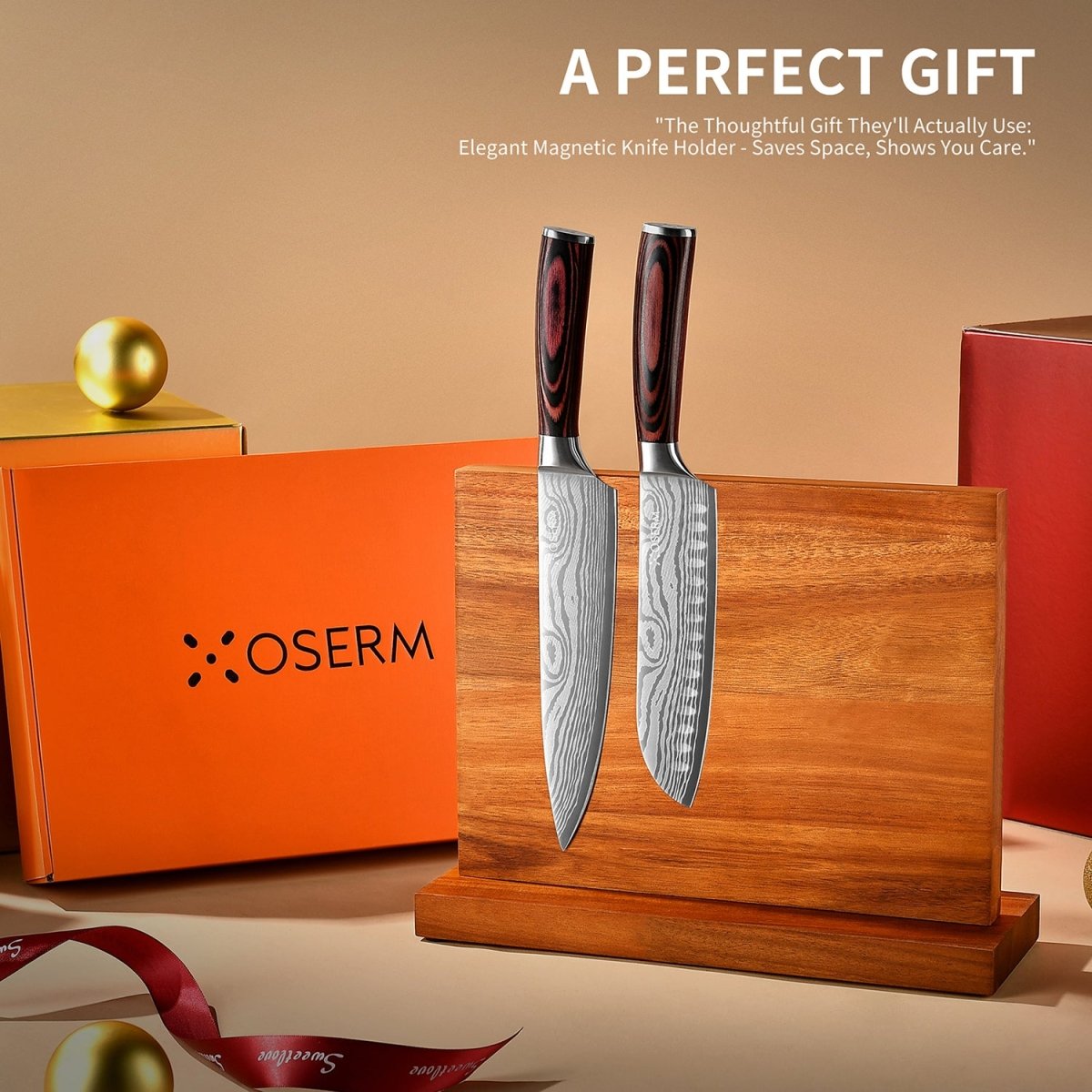 OSERM Premium Acacia WoodMagnetic Knife Block – Dual - Sided Wooden Knife Holder for up to 14 Knives