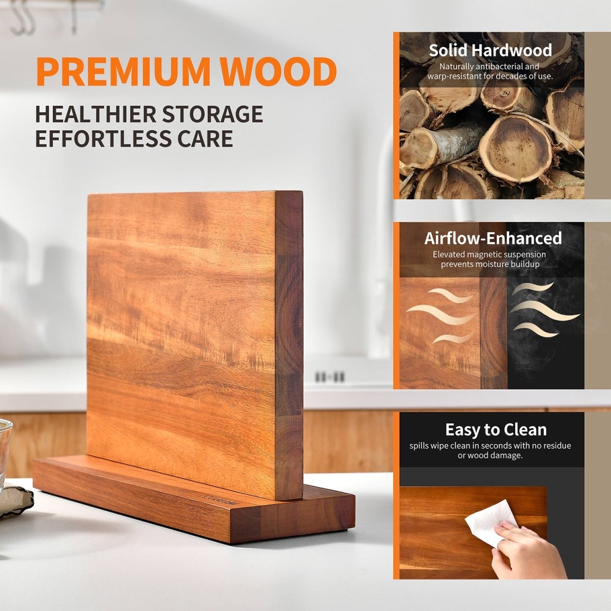 OSERM Premium Acacia WoodMagnetic Knife Block – Dual - Sided Wooden Knife Holder for up to 14 Knives