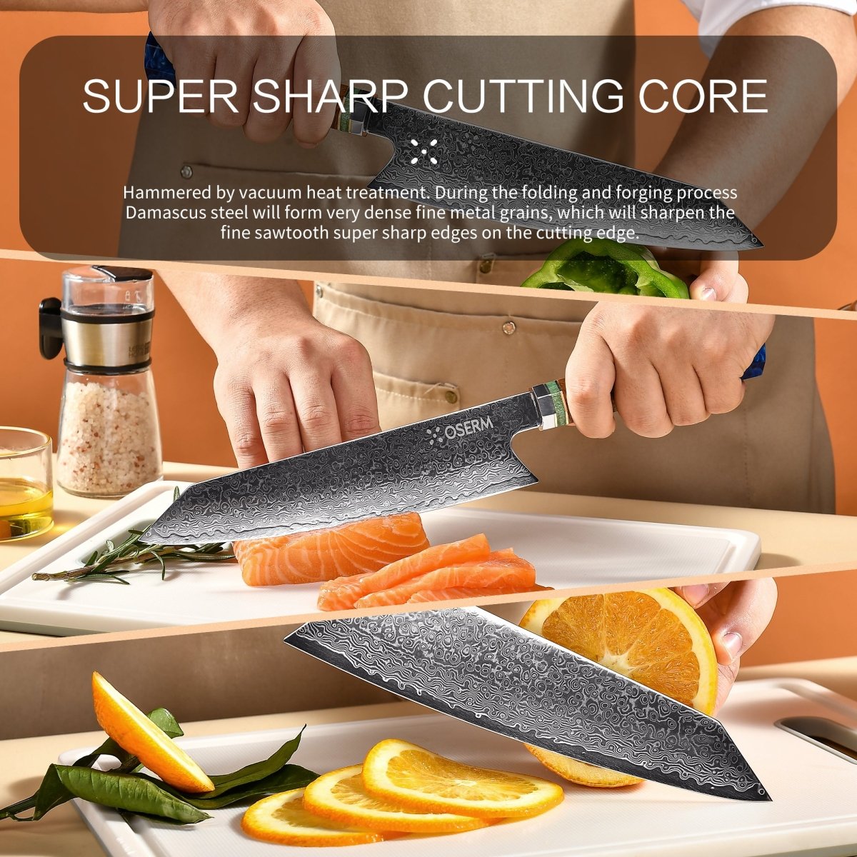 OSERM “Reika 霊霞” Japanese Damascus Kiritsuke Chef Knife with Blue Handle – Gift - Ready in Premium Box
