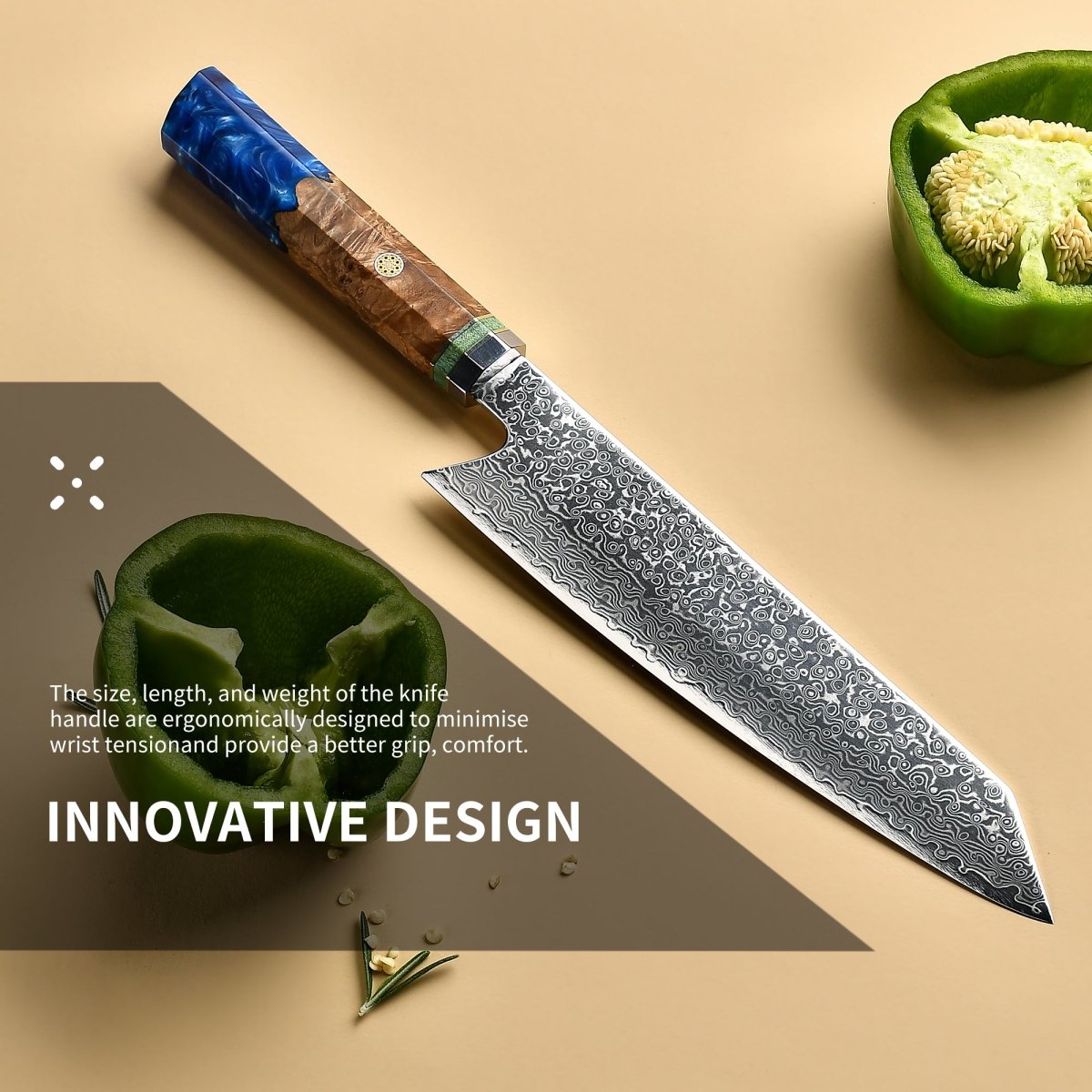 OSERM “Reika 霊霞” Japanese Damascus Kiritsuke Chef Knife with Blue Handle – Gift - Ready in Premium Box