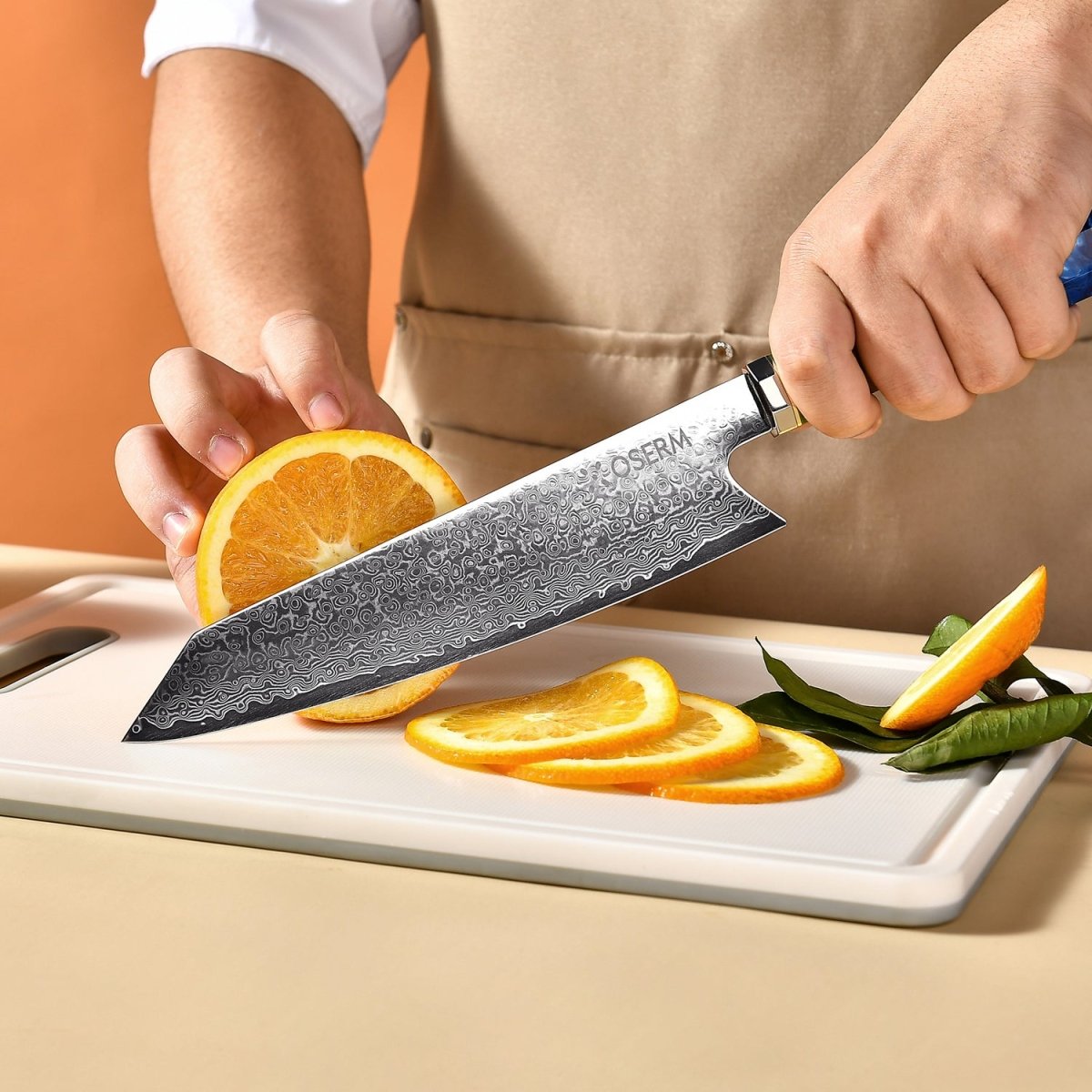 OSERM “Reika 霊霞” Japanese Damascus Kiritsuke Chef Knife with Blue Handle – Gift - Ready in Premium Box