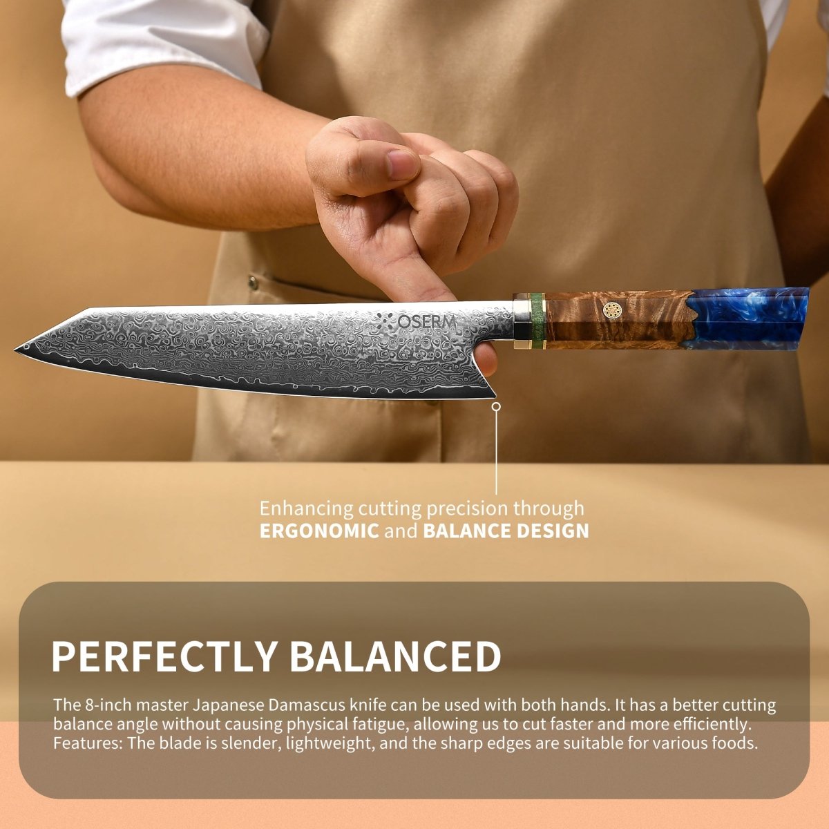 OSERM “Reika 霊霞” Japanese Damascus Kiritsuke Chef Knife with Blue Handle – Gift - Ready in Premium Box