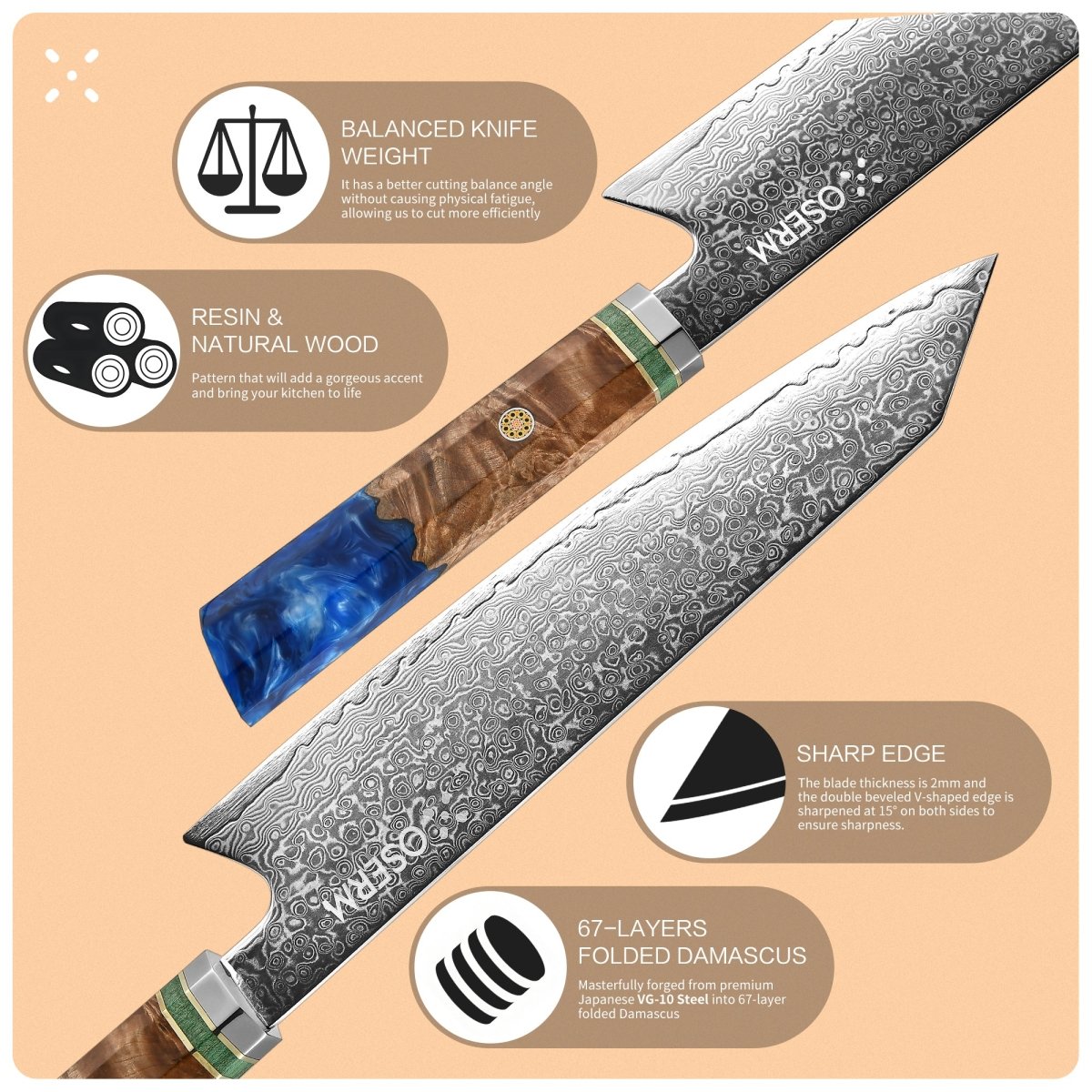 OSERM “Reika 霊霞” Japanese Damascus Kiritsuke Chef Knife with Blue Handle – Gift - Ready in Premium Box