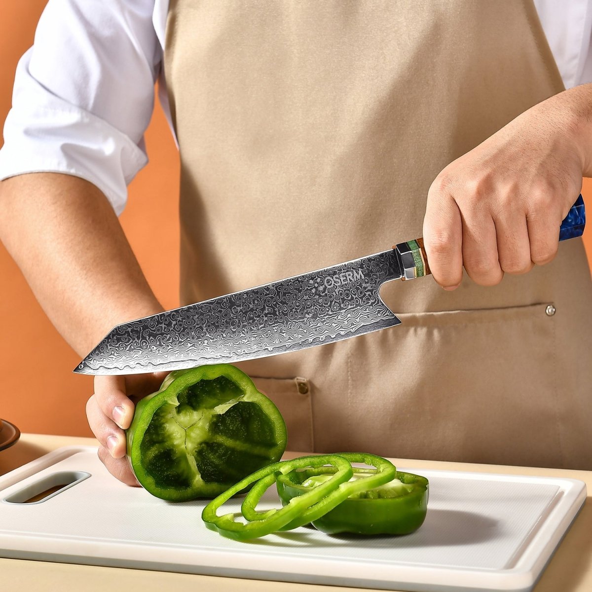OSERM “Reika 霊霞” Japanese Damascus Kiritsuke Chef Knife with Blue Handle – Gift - Ready in Premium Box