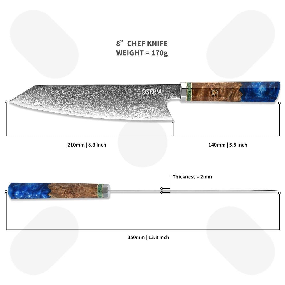 OSERM “Reika 霊霞” Japanese Damascus Kiritsuke Chef Knife with Blue Handle – Gift - Ready in Premium Box