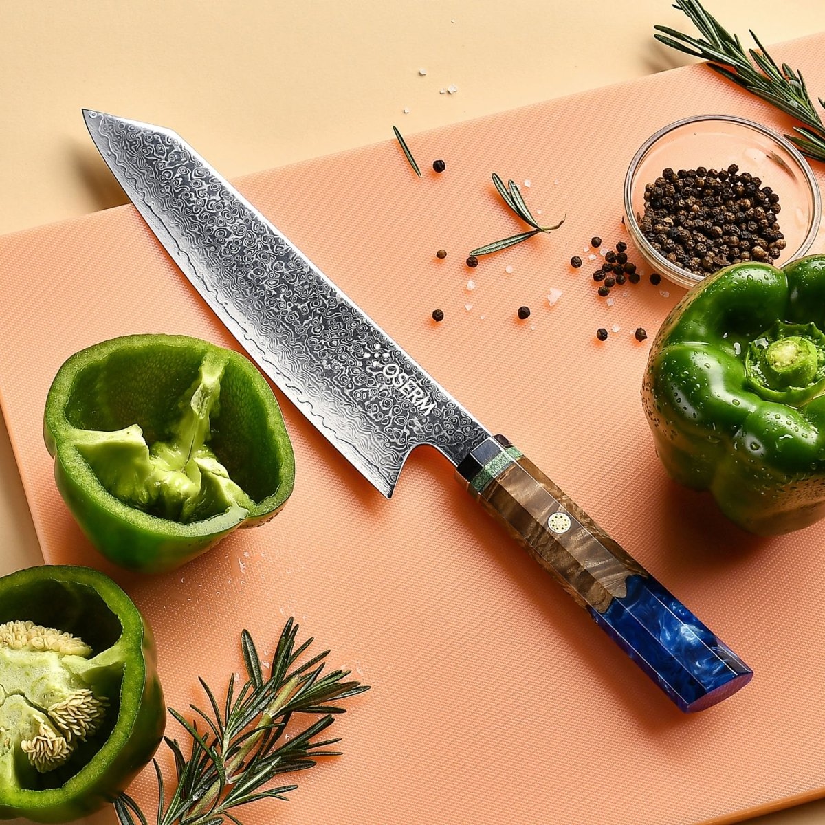 OSERM “Reika 霊霞” Japanese Damascus Kiritsuke Chef Knife with Blue Handle – Gift - Ready in Premium Box