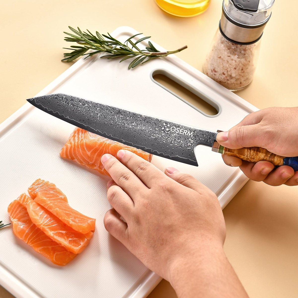 OSERM “Reika 霊霞” Japanese Damascus Kiritsuke Chef Knife with Blue Handle – Gift - Ready in Premium Box