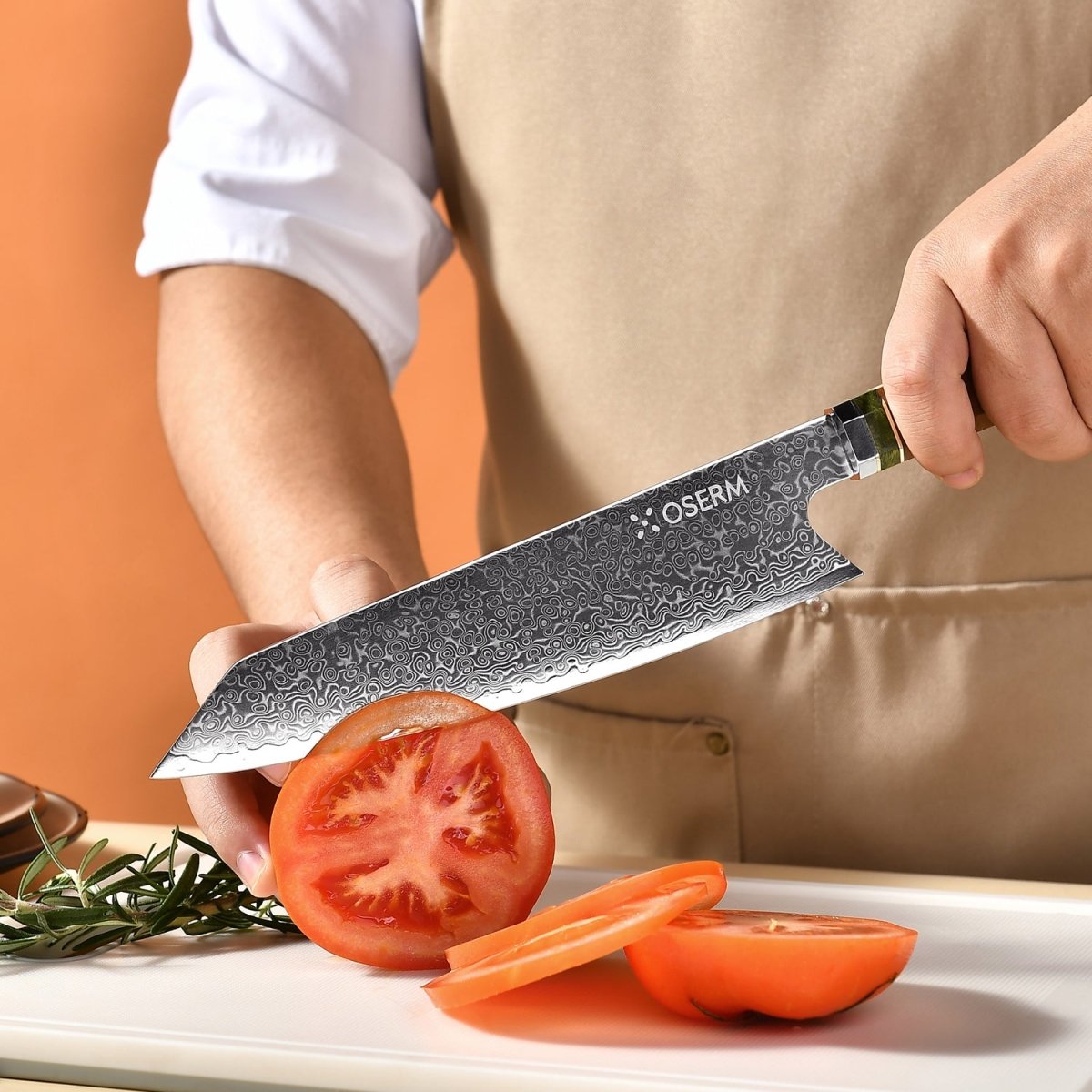 OSERM “Reika 霊霞” Japanese Damascus Kiritsuke Chef Knife with Orange Handle – Gift - Ready in Premium Box