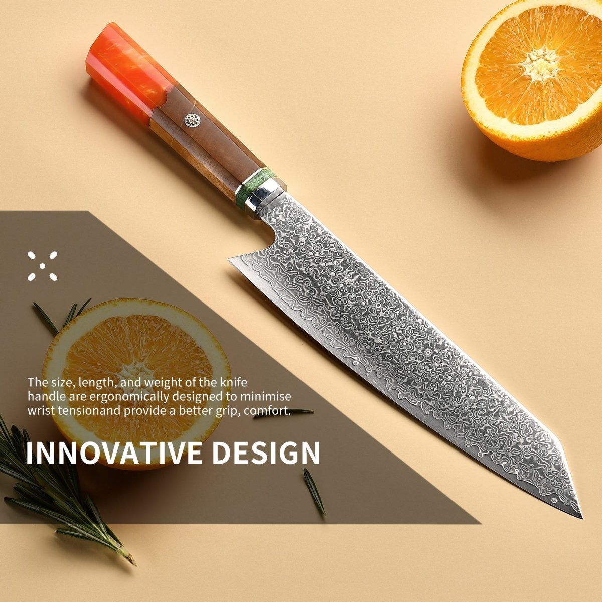 OSERM “Reika 霊霞” Japanese Damascus Kiritsuke Chef Knife with Orange Handle – Gift - Ready in Premium Box
