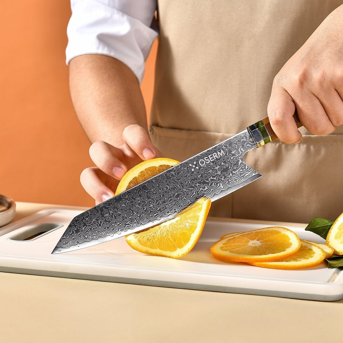OSERM “Reika 霊霞” Japanese Damascus Kiritsuke Chef Knife with Orange Handle – Gift - Ready in Premium Box