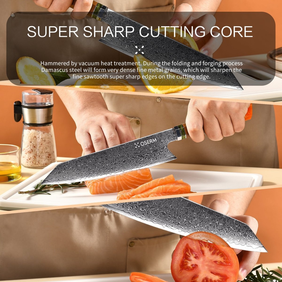 OSERM “Reika 霊霞” Japanese Damascus Kiritsuke Chef Knife with Orange Handle – Gift - Ready in Premium Box