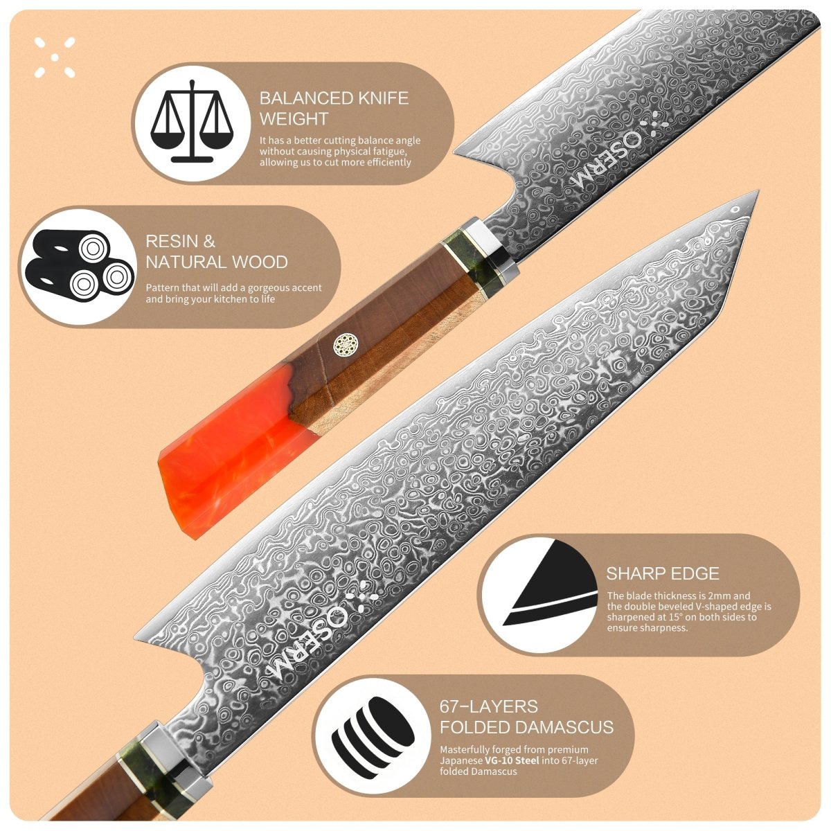 OSERM “Reika 霊霞” Japanese Damascus Kiritsuke Chef Knife with Orange Handle – Gift - Ready in Premium Box