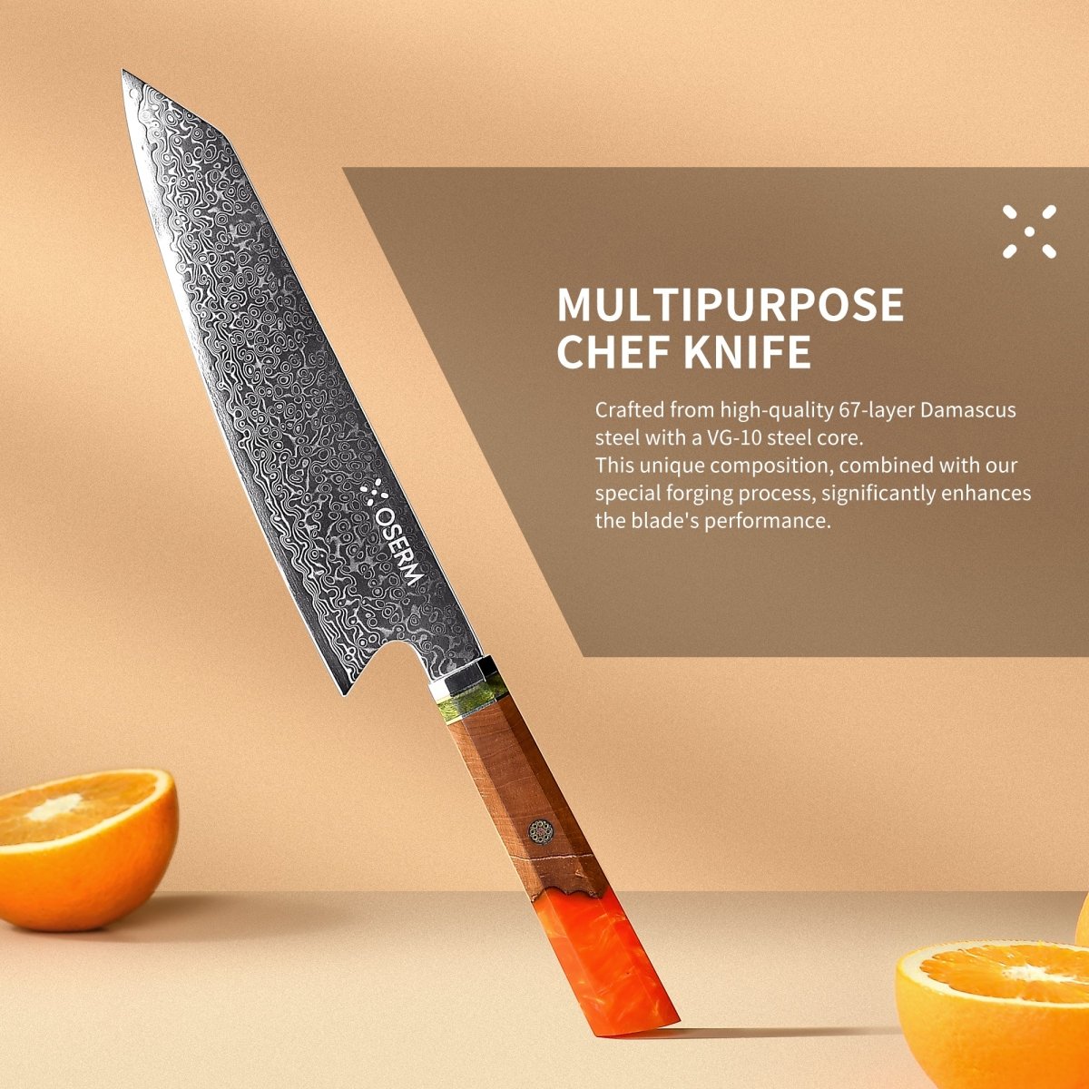 OSERM “Reika 霊霞” Japanese Damascus Kiritsuke Chef Knife with Orange Handle – Gift - Ready in Premium Box