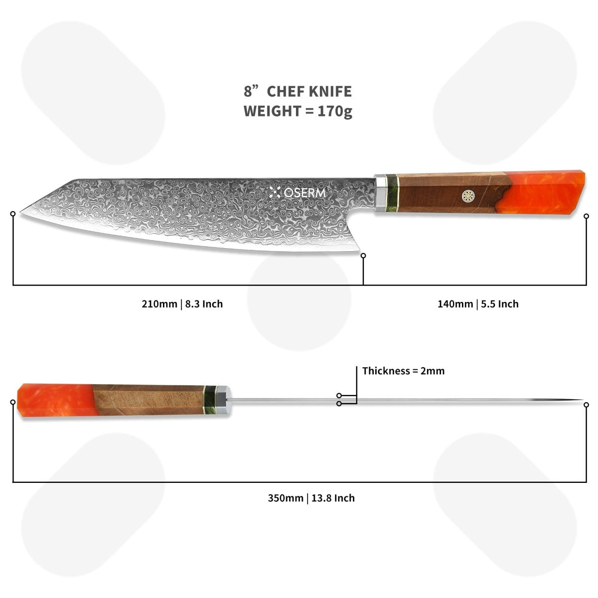 OSERM “Reika 霊霞” Japanese Damascus Kiritsuke Chef Knife with Orange Handle – Gift - Ready in Premium Box