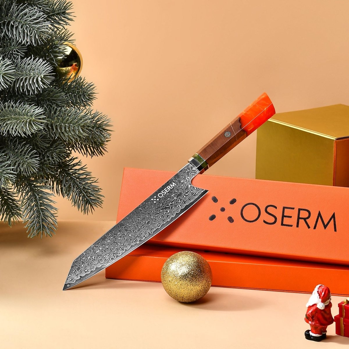 OSERM “Reika 霊霞” Japanese Damascus Kiritsuke Chef Knife with Orange Handle – Gift - Ready in Premium Box