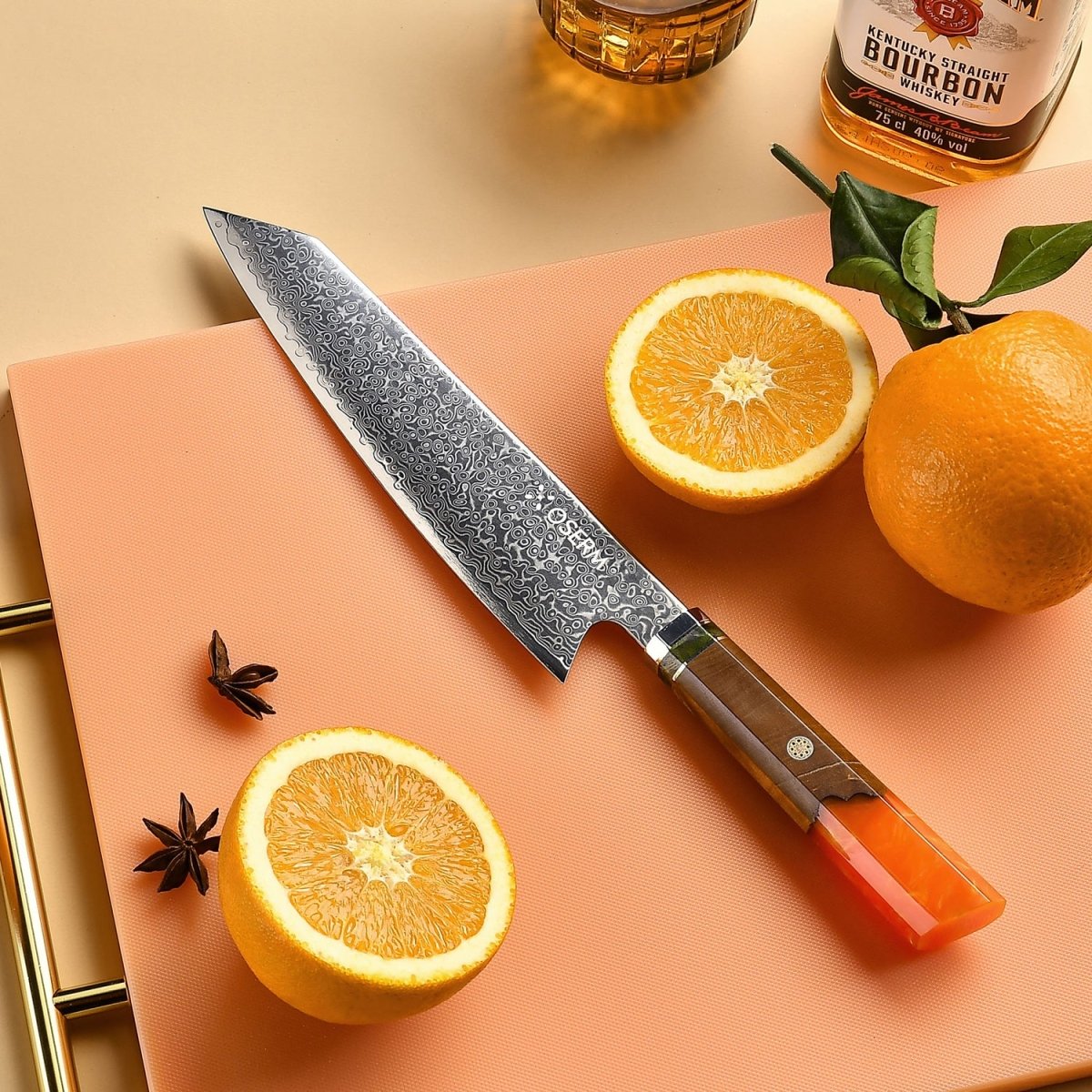 OSERM “Reika 霊霞” Japanese Damascus Kiritsuke Chef Knife with Orange Handle – Gift - Ready in Premium Box