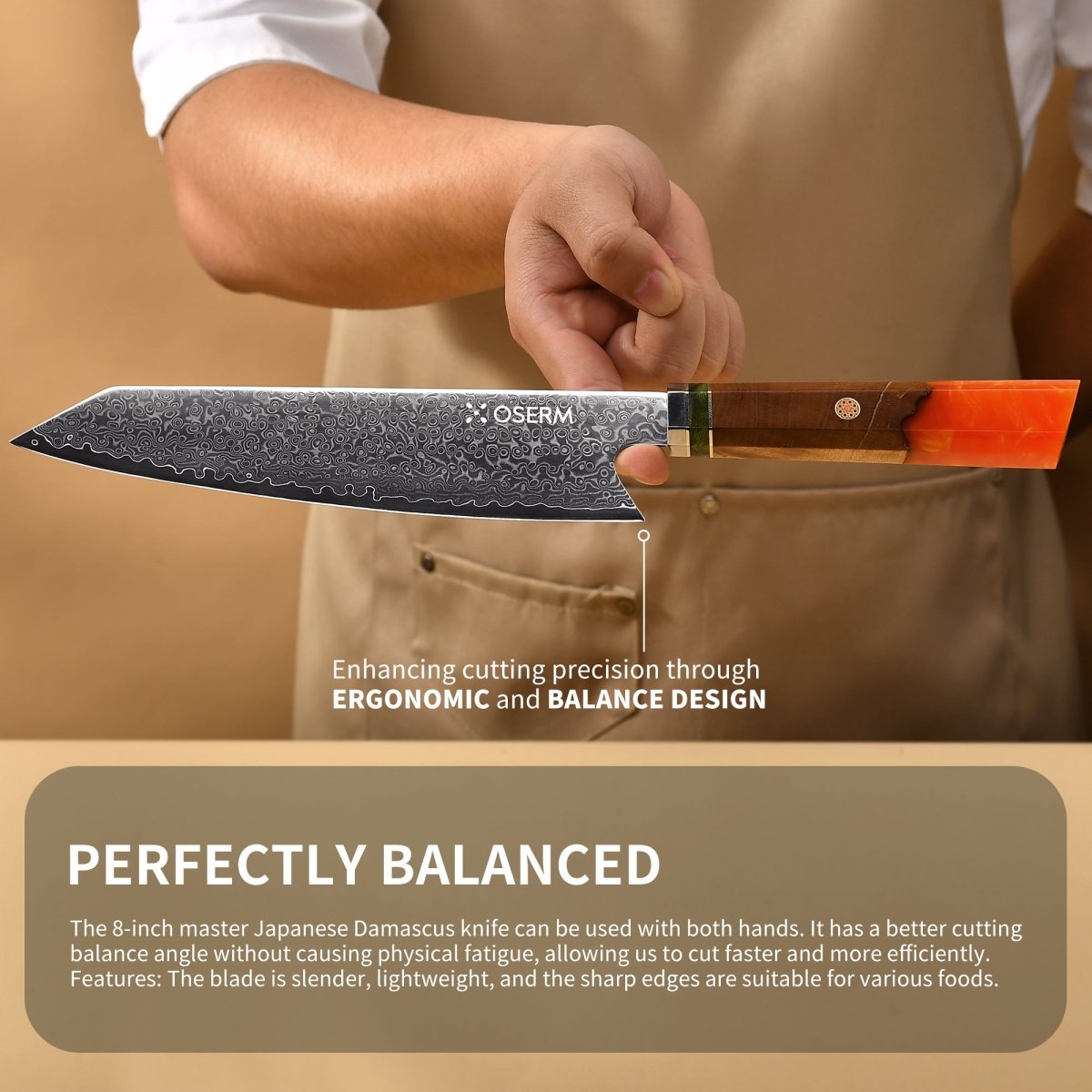 OSERM “Reika 霊霞” Japanese Damascus Kiritsuke Chef Knife with Orange Handle – Gift - Ready in Premium Box