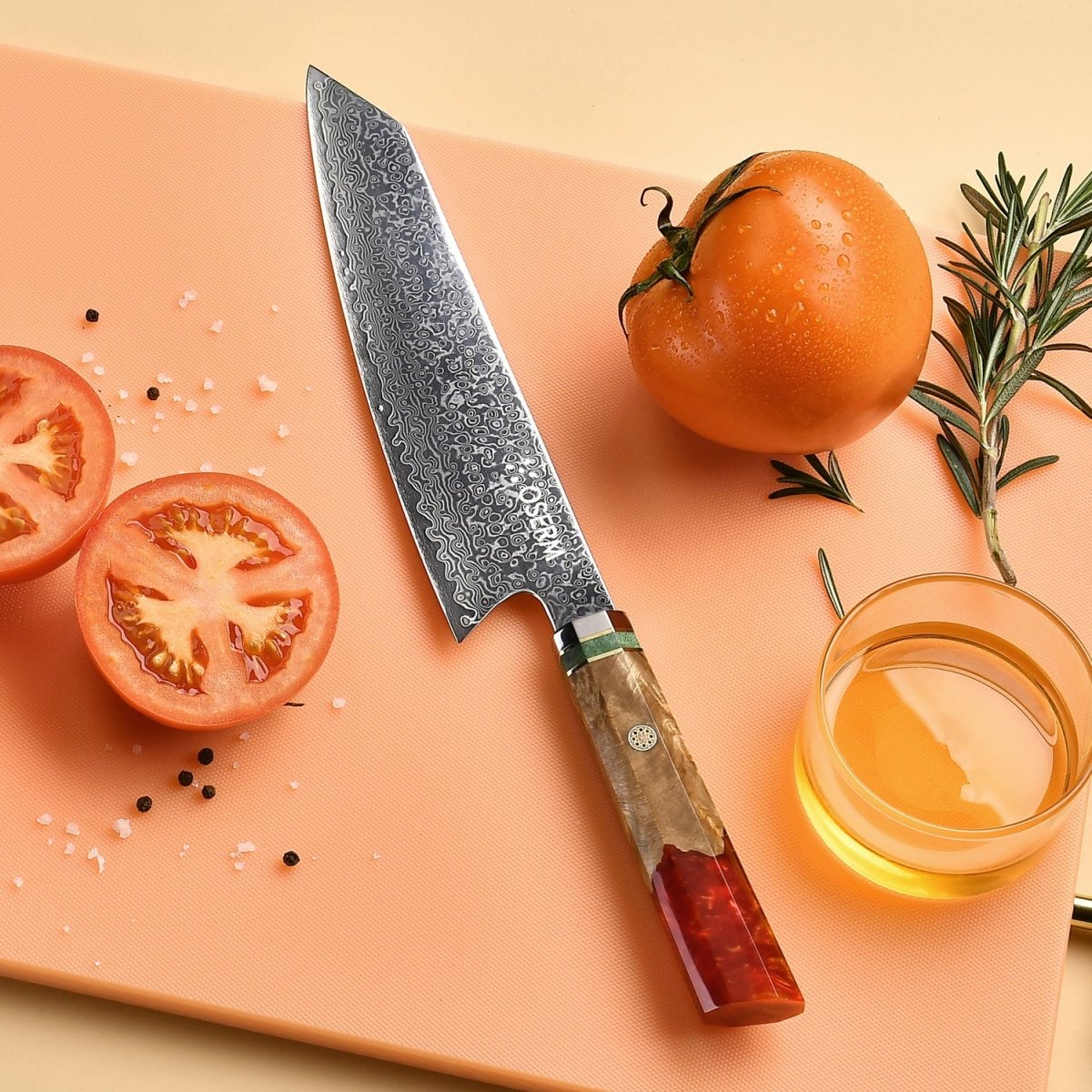 OSERM “Reika 霊霞” Japanese Damascus Kiritsuke Chef Knife with Red Handle – Gift - Ready in Premium Box