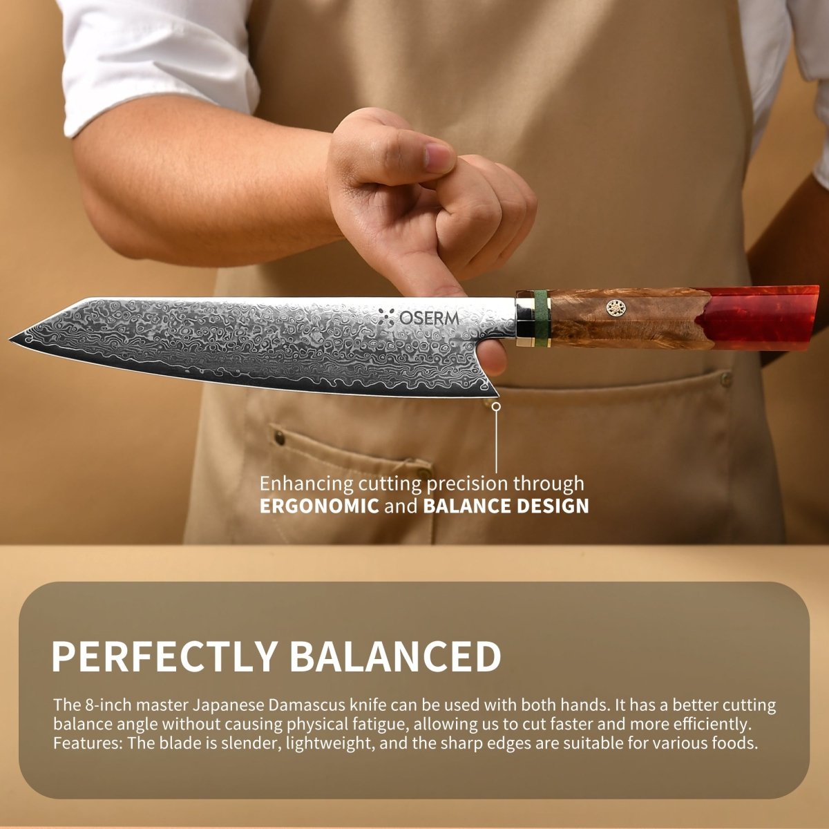OSERM “Reika 霊霞” Japanese Damascus Kiritsuke Chef Knife with Red Handle – Gift - Ready in Premium Box