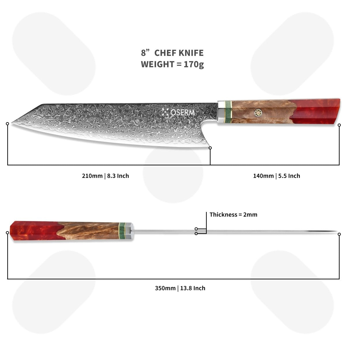 OSERM “Reika 霊霞” Japanese Damascus Kiritsuke Chef Knife with Red Handle – Gift - Ready in Premium Box