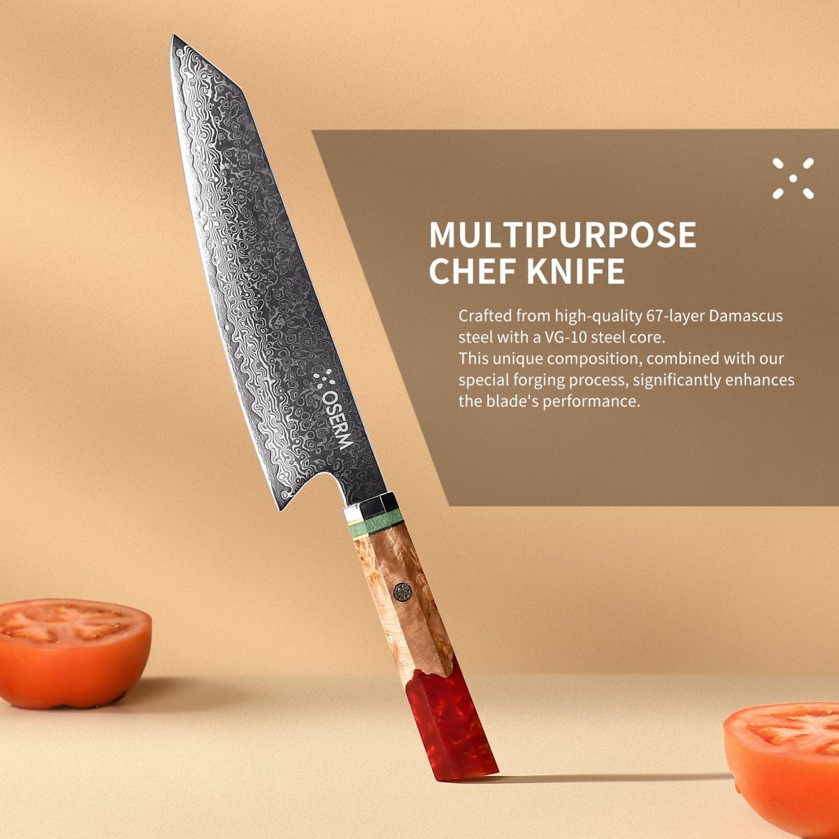 OSERM “Reika 霊霞” Japanese Damascus Kiritsuke Chef Knife with Red Handle – Gift - Ready in Premium Box