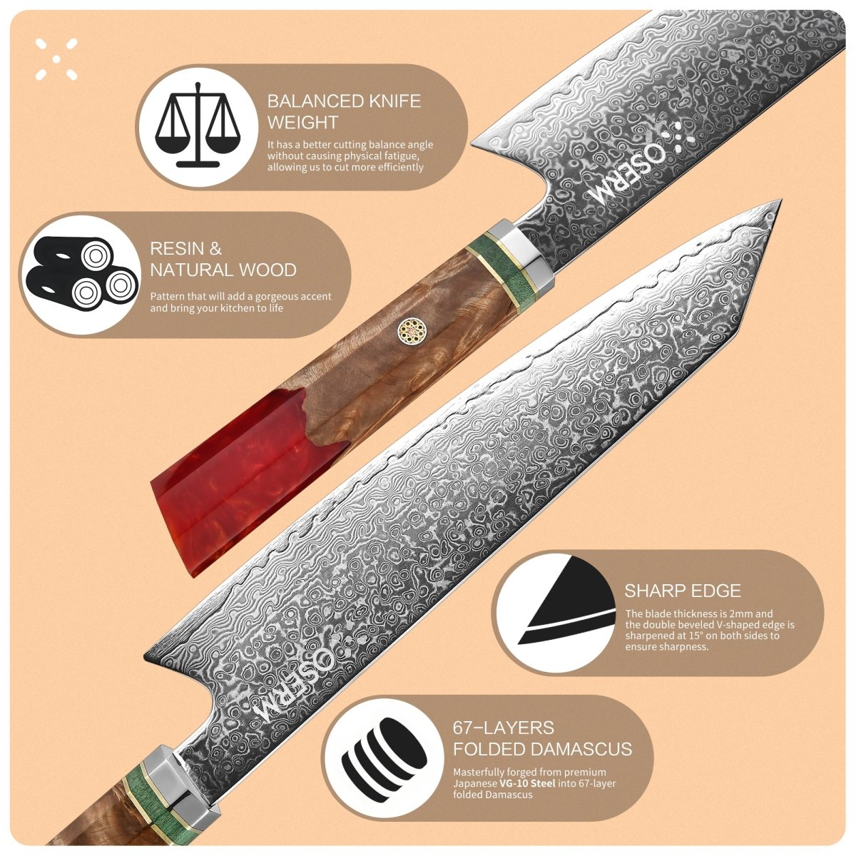 OSERM “Reika 霊霞” Japanese Damascus Kiritsuke Chef Knife with Red Handle – Gift - Ready in Premium Box