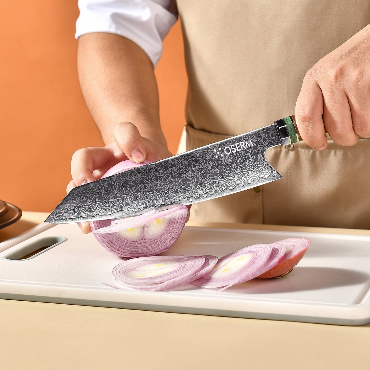 OSERM “Reika 霊霞” Japanese Damascus Kiritsuke Chef Knife with Red Handle – Gift - Ready in Premium Box