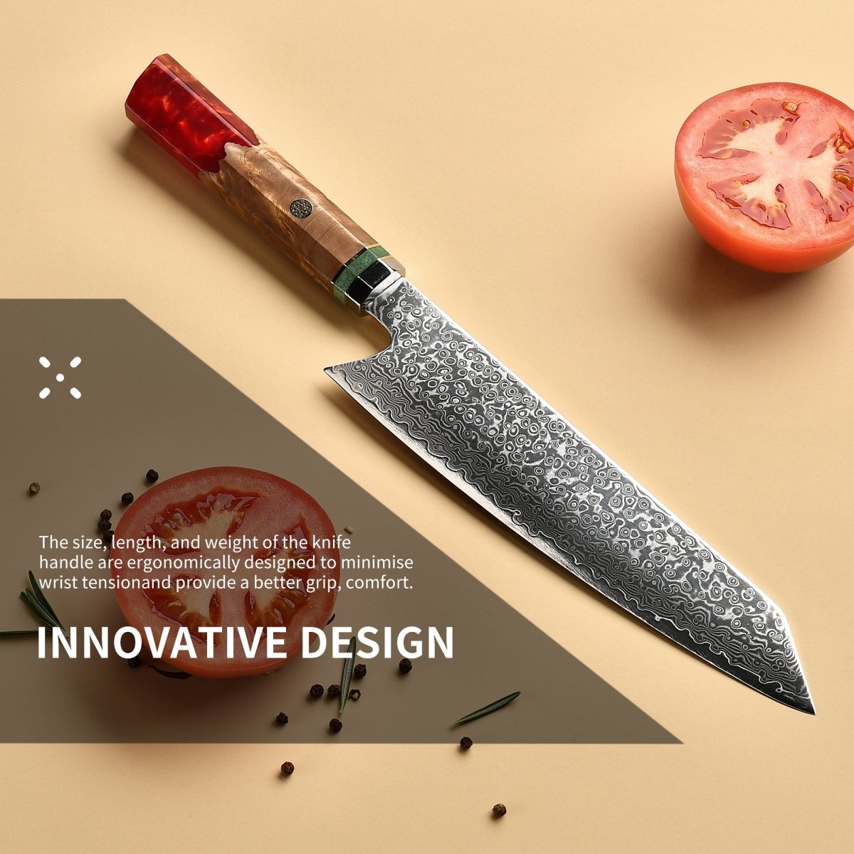 OSERM “Reika 霊霞” Japanese Damascus Kiritsuke Chef Knife with Red Handle – Gift - Ready in Premium Box