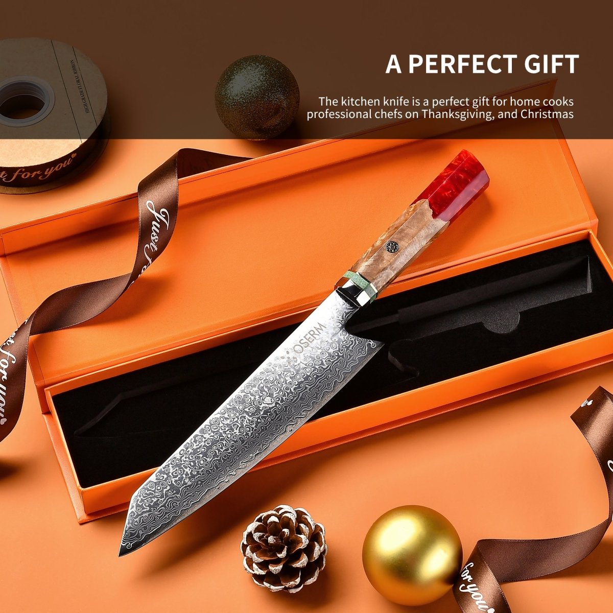 OSERM “Reika 霊霞” Japanese Damascus Kiritsuke Chef Knife with Red Handle – Gift - Ready in Premium Box