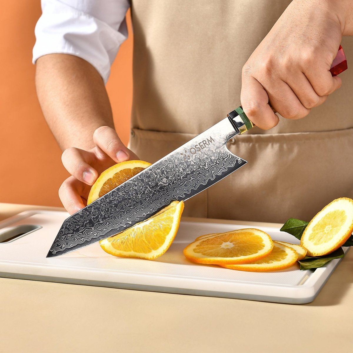 OSERM “Reika 霊霞” Japanese Damascus Kiritsuke Chef Knife with Red Handle – Gift - Ready in Premium Box