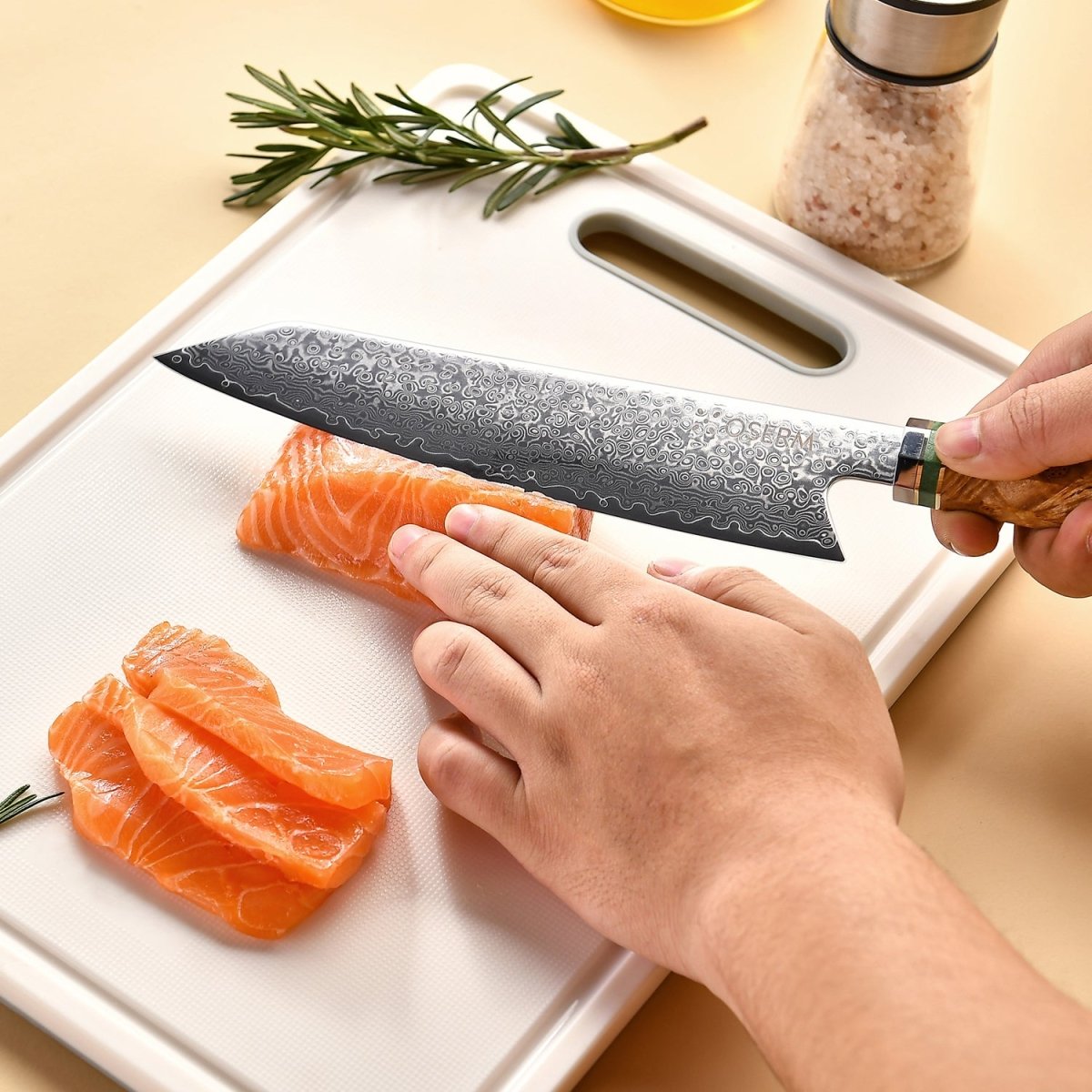OSERM “Reika 霊霞” Japanese Damascus Kiritsuke Chef Knife with White Handle – Gift - Ready in Premium Box