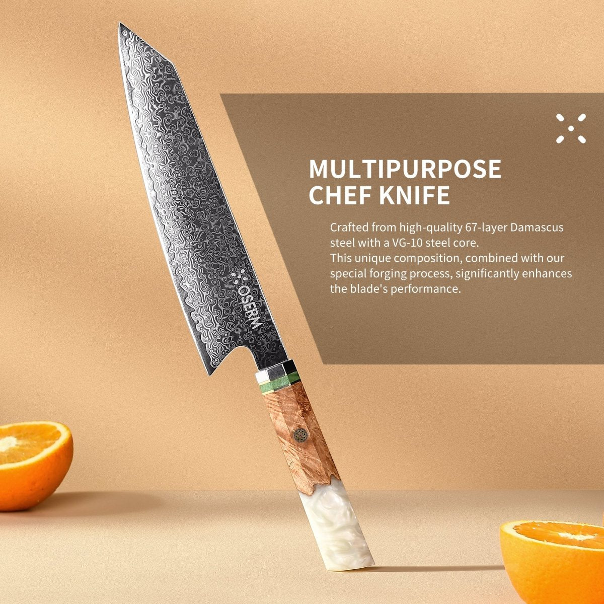 OSERM “Reika 霊霞” Japanese Damascus Kiritsuke Chef Knife with White Handle – Gift - Ready in Premium Box
