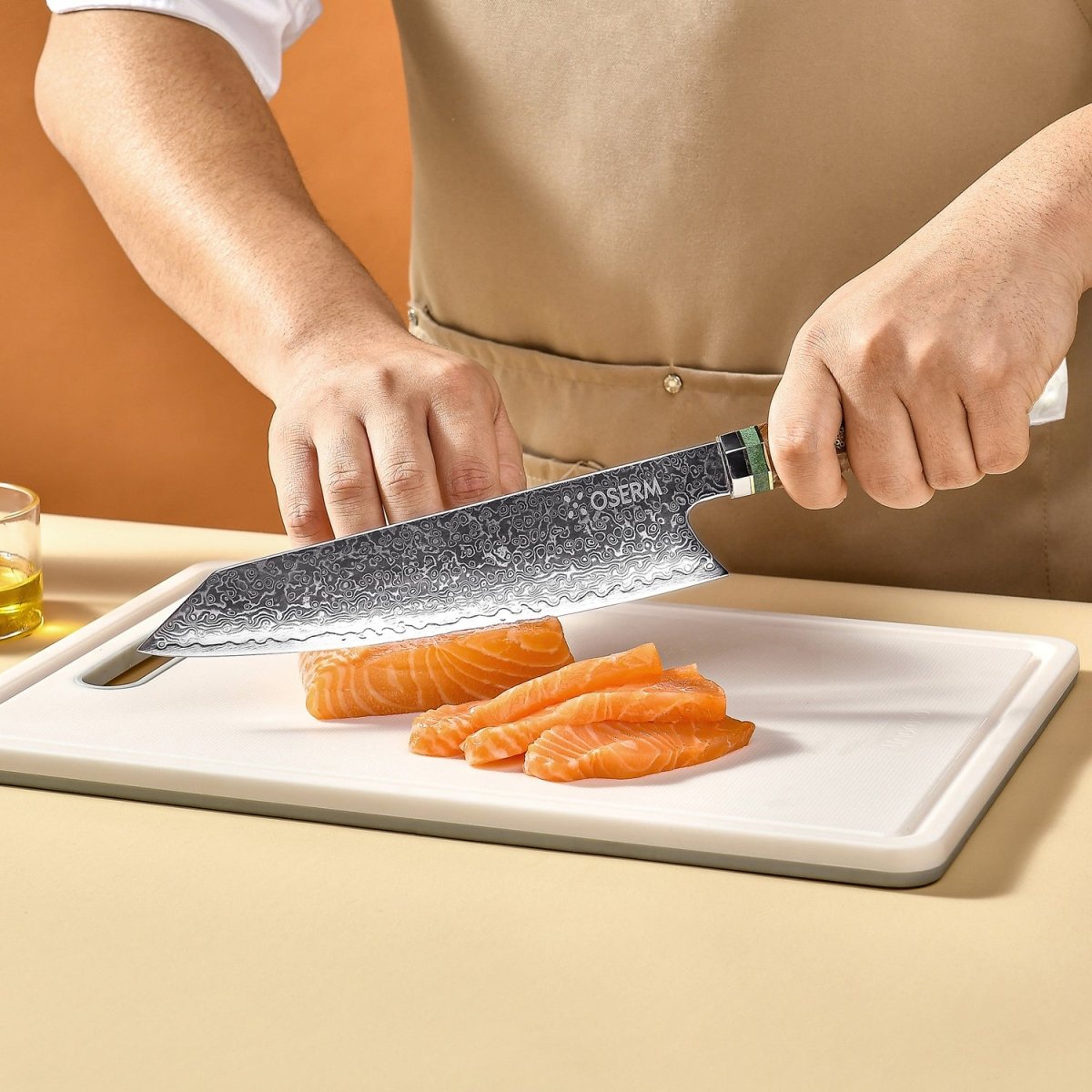 OSERM “Reika 霊霞” Japanese Damascus Kiritsuke Chef Knife with White Handle – Gift - Ready in Premium Box