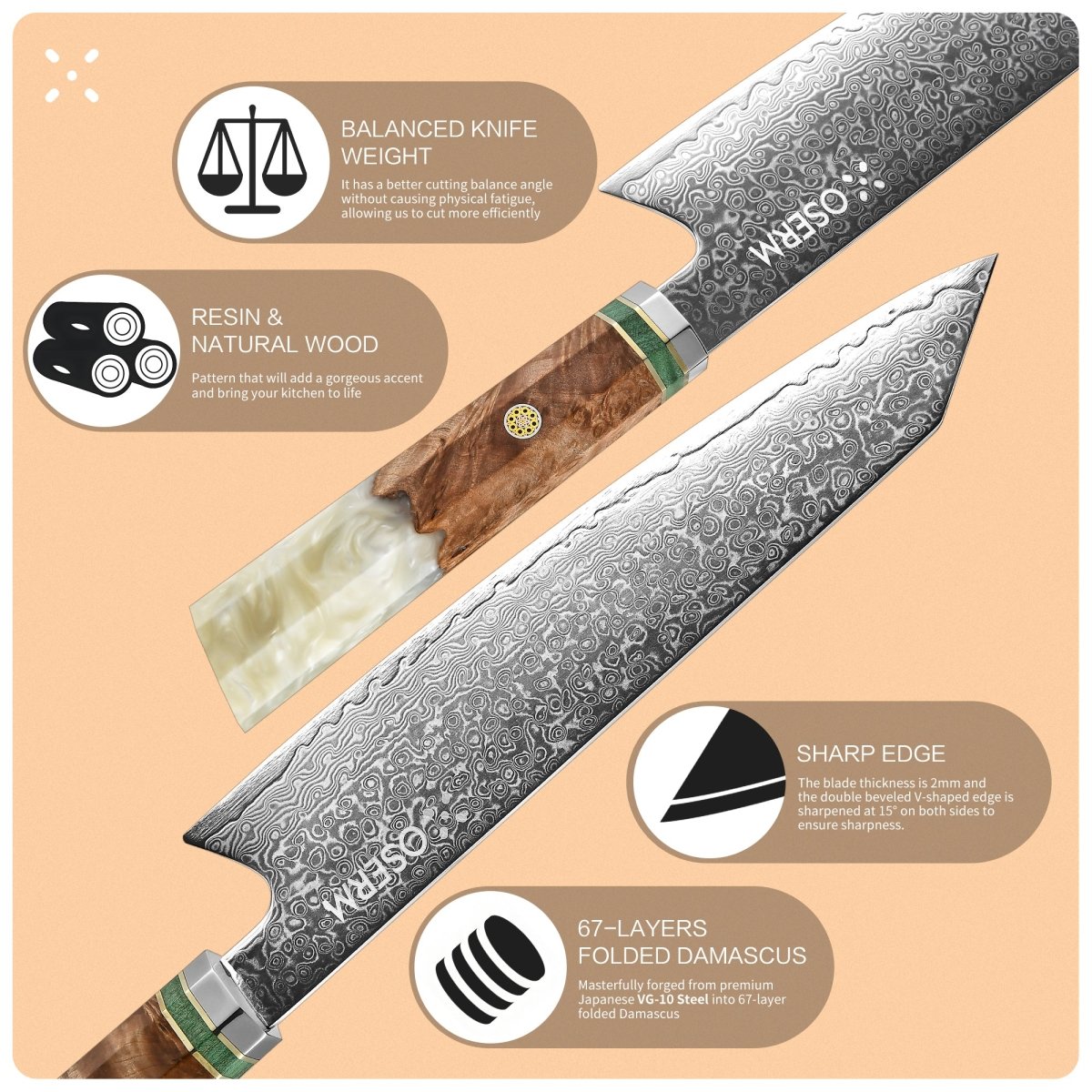 OSERM “Reika 霊霞” Japanese Damascus Kiritsuke Chef Knife with White Handle – Gift - Ready in Premium Box