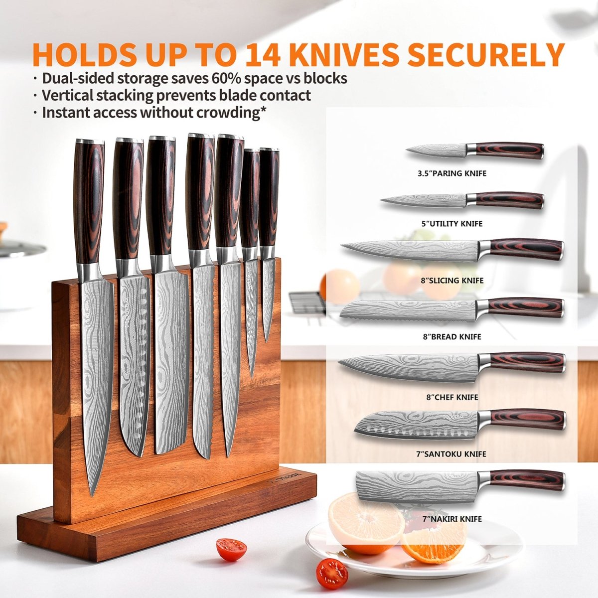 OSERM Premium Acacia WoodMagnetic Knife Block – Dual - Sided Wooden Knife Holder for up to 14 Knives