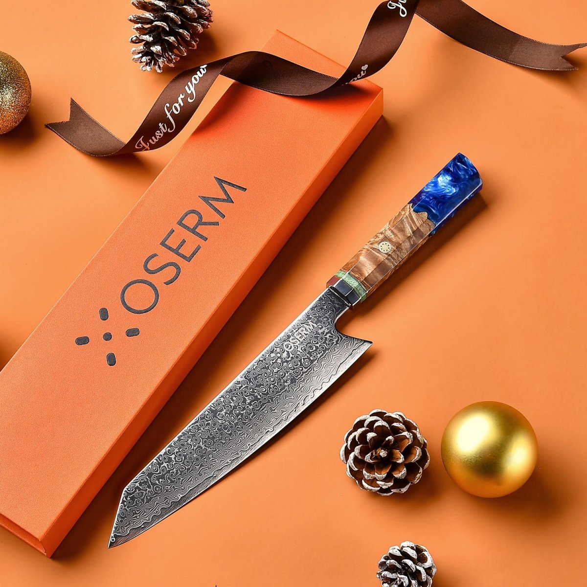 OSERM “Reika 霊霞” Japanese Damascus Kiritsuke Chef Knife with Blue Handle – Gift - Ready in Premium Box