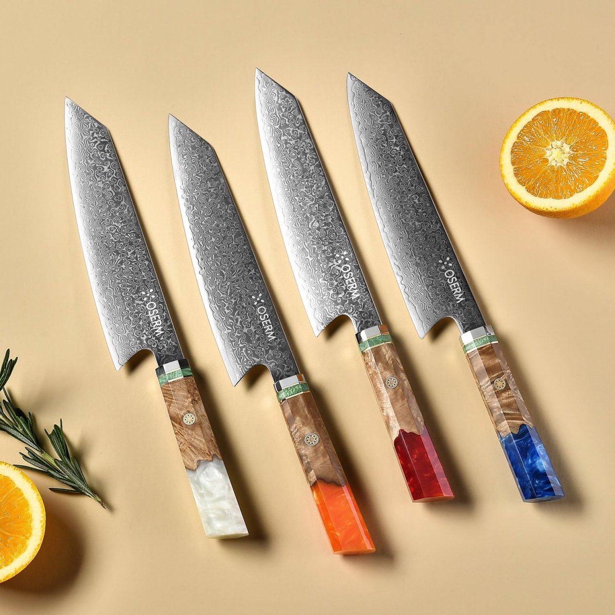 OSERM “Reika 霊霞” Japanese Damascus Kiritsuke Knife – Orange