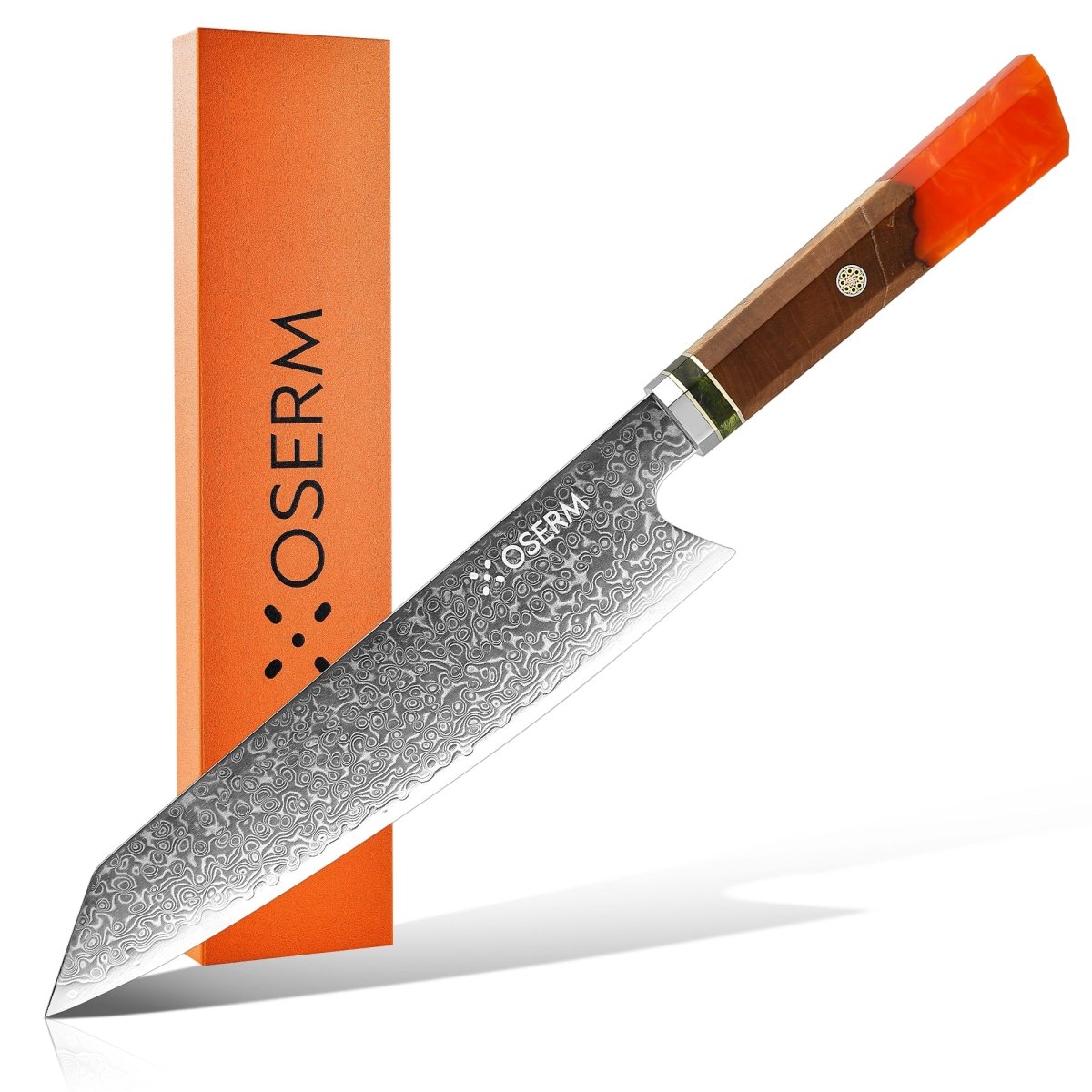 OSERM “Reika 霊霞” Japanese Damascus Kiritsuke Chef Knife with Orange Handle – Gift - Ready in Premium Box