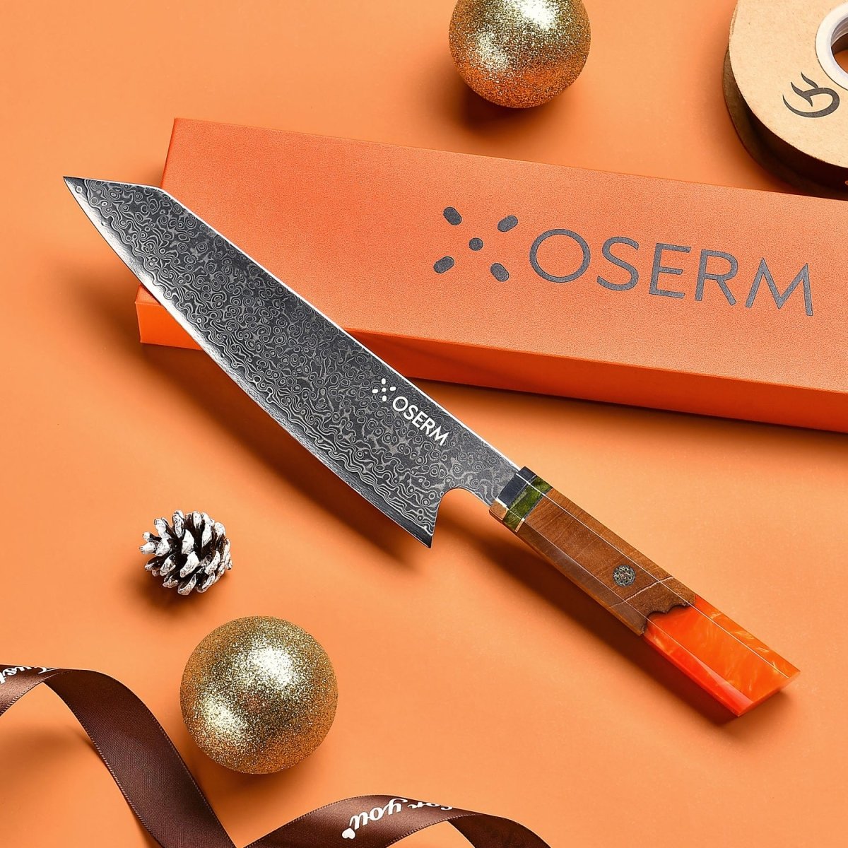 OSERM “Reika 霊霞” Japanese Damascus Kiritsuke Chef Knife with Orange Handle – Gift - Ready in Premium Box