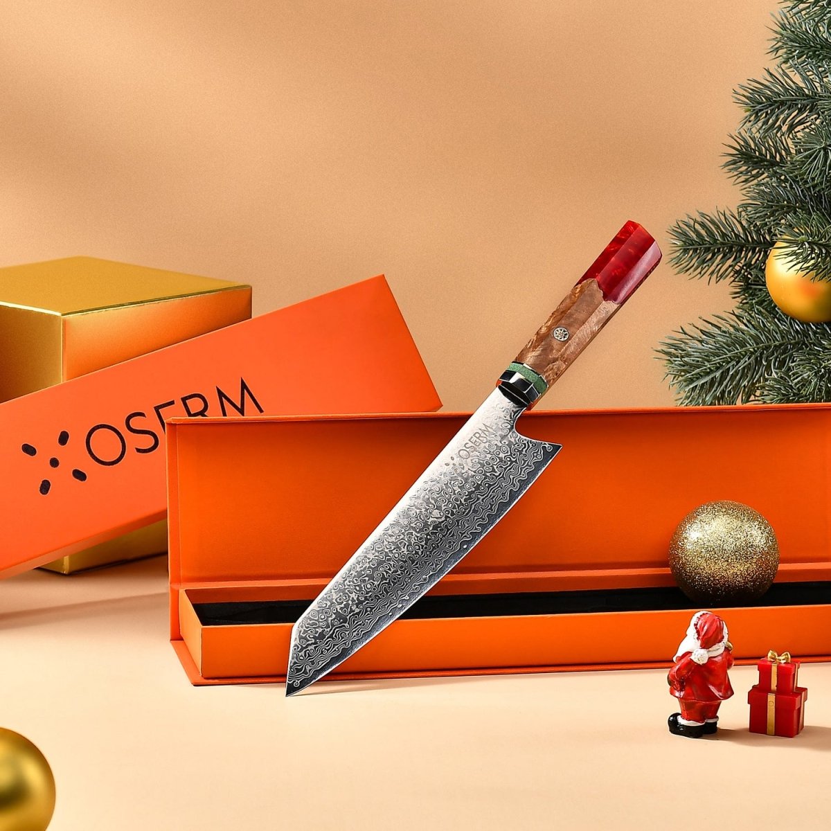 OSERM “Reika 霊霞” Japanese Damascus Kiritsuke Chef Knife with Red Handle – Gift - Ready in Premium Box
