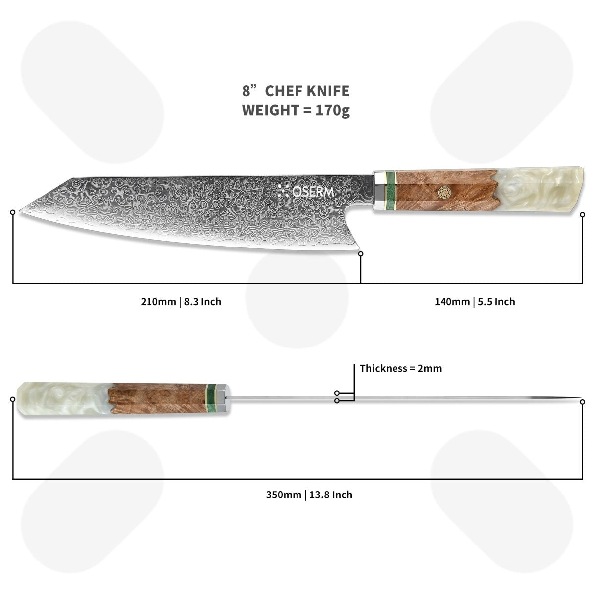 OSERM “Reika 霊霞” 8.3” White Handle Japanese Damascus Kiritsuke